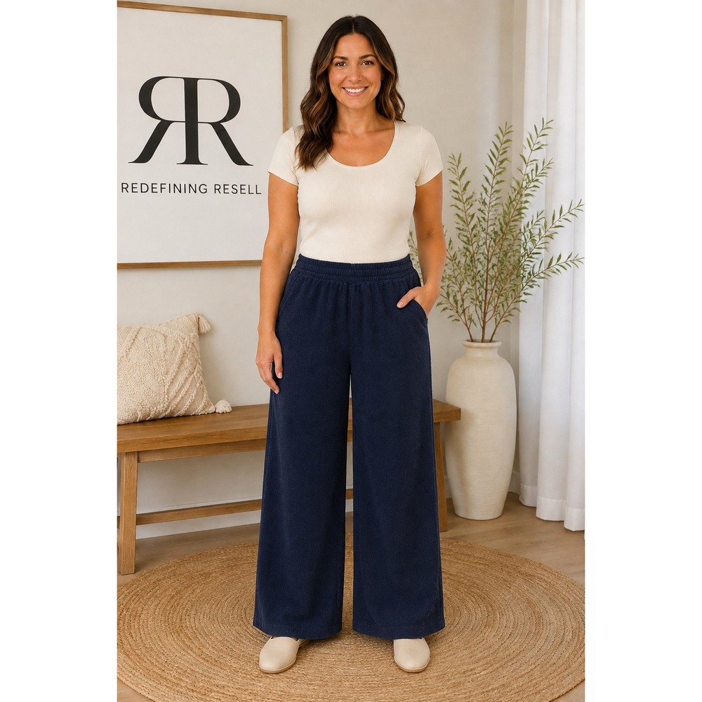 Marine Layer Navy Blue Corduroy Wide Leg Elastic Waist Pants Women Large
